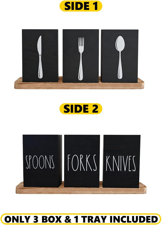 CHONIC Farmhouse Silverware Holder, Rustic Wood Silverware Caddy with Tray, Spoon Fork Knives Flatware Dispenser, Utensil Countertop Organizer, Plastic Cutlery Holder for Kitchen Party (Black)