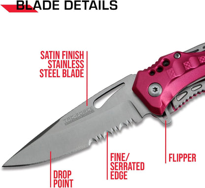 Tac-Force Folding Pocket Knife, 3.25-inch Serrated Blade, Orange Aluminum Handle, 7.75-inch Overall Length TF-705EM