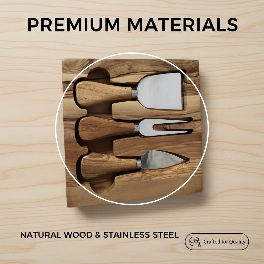 Tephra & Form Cheese Knives Set with Premium Olive Wood Holder | Stainless Cheese Knifes for Charcuterie Board & Cheese Spread | Housewarming Gift for Party, Wedding, and Christmas - 3 Piece Set