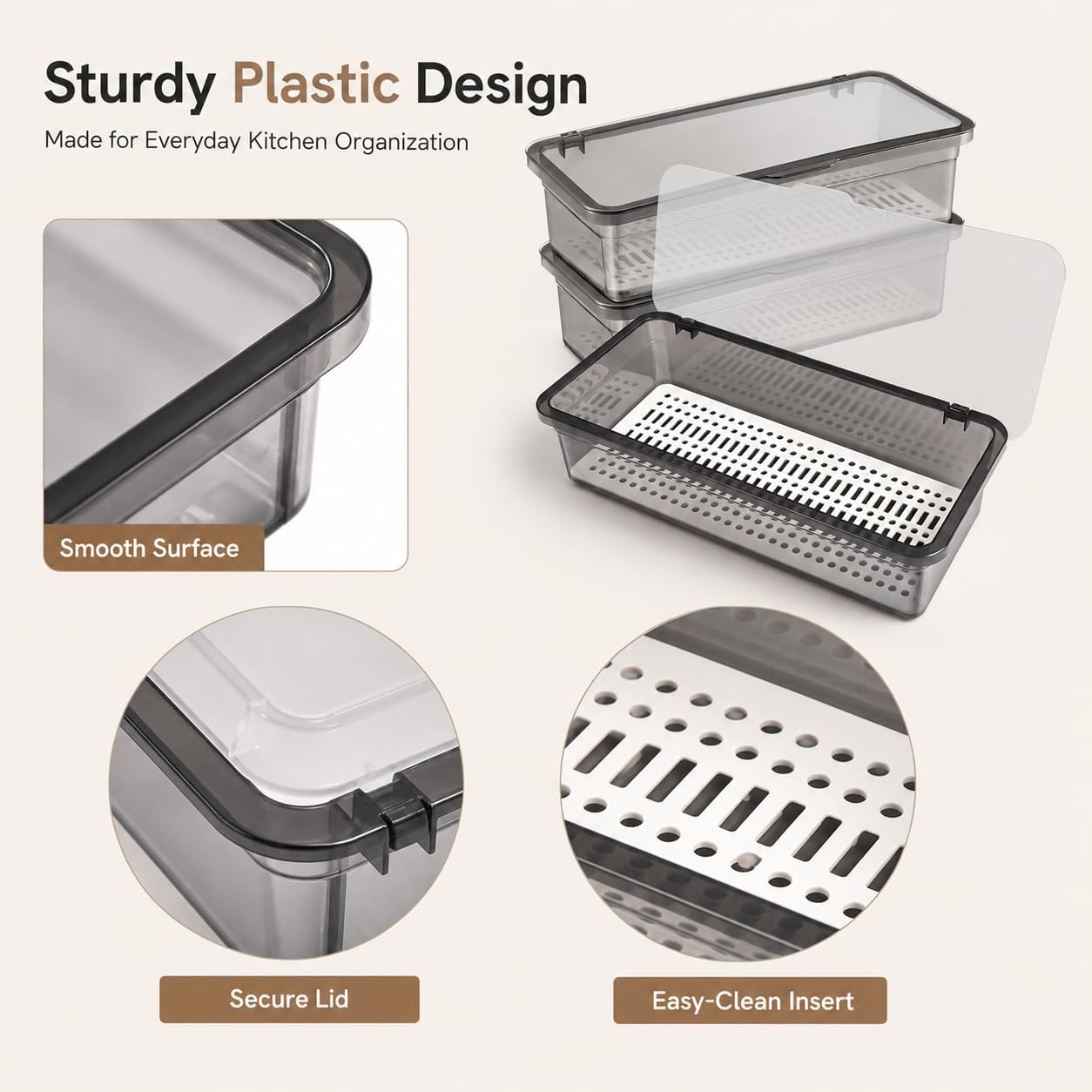 DECHOUS 3Pcs Flatware Tray with Lid and Drainer - Kitchen Plastic Utensil Holder Silverware Organizer Flatware Storage Tray for Countertop Spoons Forks Knives