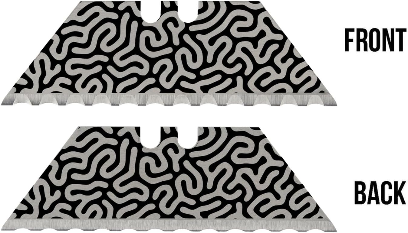 NDZ Performance Serrated Steel Blade Replacement for Utility Knife & Box Cutters, Custom Double Sided Laser Engraved Designs, Silver - Skull - 3 Pack