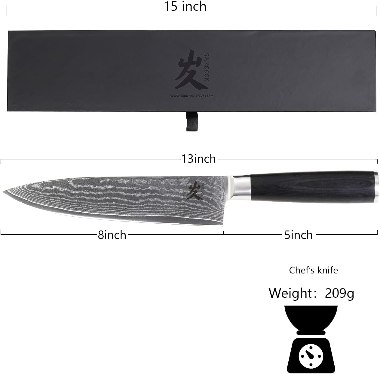 SAMCOOK Chef Knife,8 Inch Professional Sharp Hammered Damascus Knife,Japanese VG-10 High Carbon Stainless Steel Kitchen Gyuto knife,Ergonomic Black Walnut Handle with Premium Gift Box