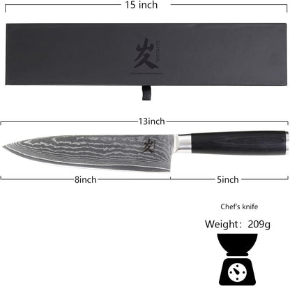 SAMCOOK Chef Knife,8 Inch Professional Sharp Hammered Damascus Knife,Japanese VG-10 High Carbon Stainless Steel Kitchen Gyuto knife,Ergonomic Black Walnut Handle with Premium Gift Box