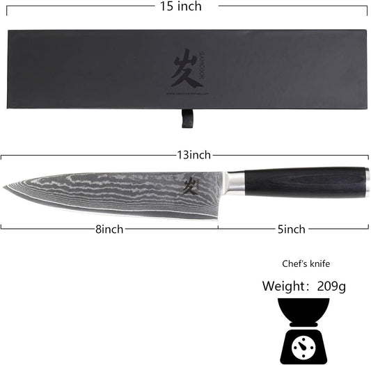 SAMCOOK Chef Knife,8 Inch Professional Sharp Hammered Damascus Knife,Japanese VG-10 High Carbon Stainless Steel Kitchen Gyuto knife,Ergonomic Black Walnut Handle with Premium Gift Box