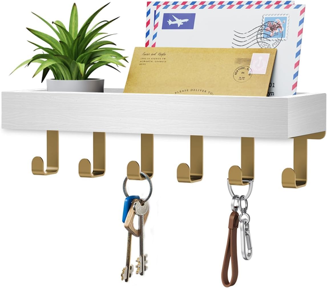 Key Holder Wall Mount Adhesive Magnetic - Hanging Key Hooks with Mail Organizer Tray for Wallet House - Keys Hanger Rack with Shelf for Camper Entryway Door Home Living Room Decor Large Black