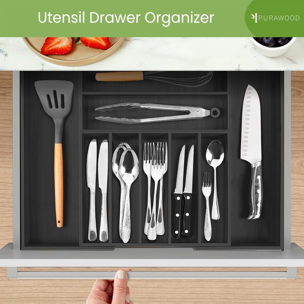 Purawood Kitchen Drawer Organizer with Knife Blocks - Utensil Drawer Organizer for Kitchen, Cutlery Tray & Silverware Organizer, 3-5 Slots - Bamboo Organizer for Utensils & Flatware (Natural)