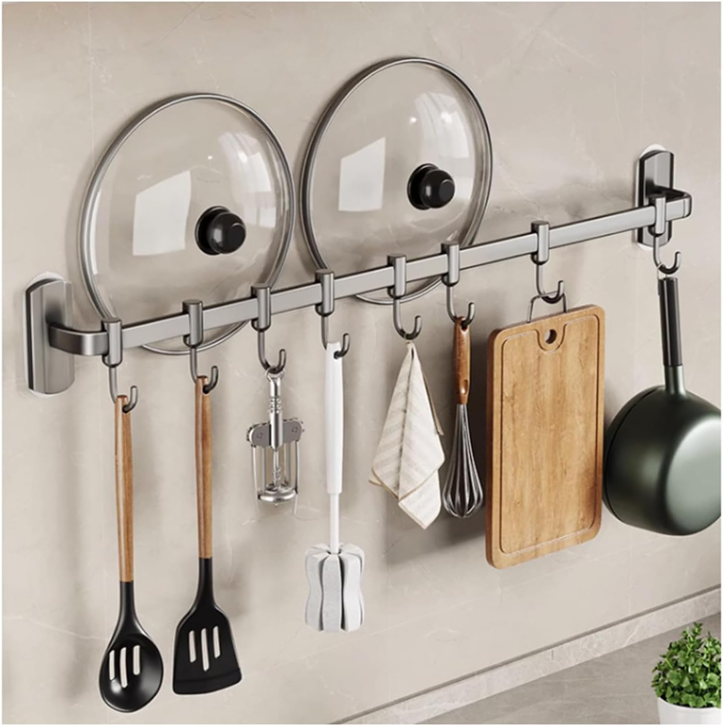 Rail Rack Organizer Self Adhesive Kitchen Utensil Rack Aluminum Wall Mounted Hanging Rail 8 Removable Hooks Pots Pans Spoons Knives,Black,45cm