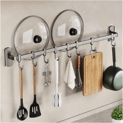Rail Rack Organizer Self Adhesive Kitchen Utensil Rack Aluminum Wall Mounted Hanging Rail 8 Removable Hooks Pots Pans Spoons Knives,Black,45cm