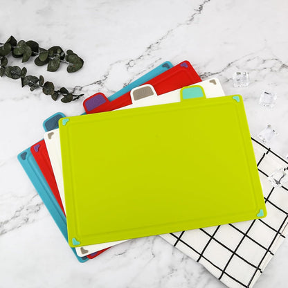 4-Piece Colorful Plastic Cutting Board Set with Storage Stand | Color-Coded | Non-Slip | Dishwasher Safe | Durable Large Food Chopping Boards