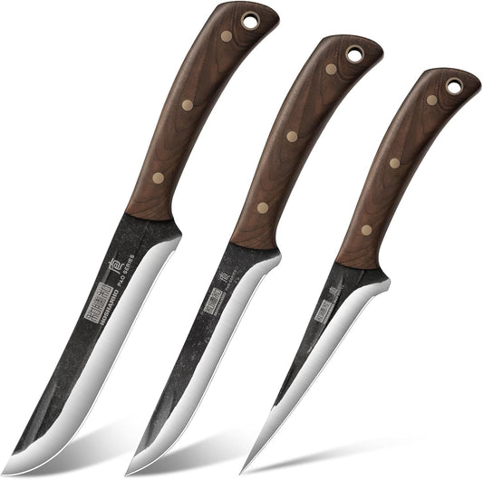 HOSHANHO Butcher Knife Set, 3-Piece High Carbon Steel Serbian Chef Knife Set of Heavy Duty Boning Knife & Meat Cleaver Knives & Viking Knives for Home, Cooking, Outdoor Camping BBQ