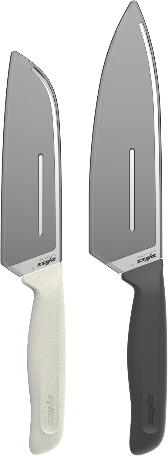 Zyliss Classic 2 Piece Chef & Santoku Knife Set, Stainless Steel 15° Hollow-Ground Blades, Ergonomic Wheat Straw Handles, Finger Guard & Blade Covers, Dishwasher Safe