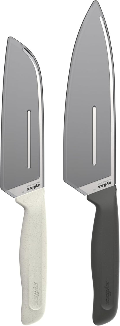 Zyliss Classic 2 Piece Chef & Santoku Knife Set, Stainless Steel 15° Hollow-Ground Blades, Ergonomic Wheat Straw Handles, Finger Guard & Blade Covers, Dishwasher Safe