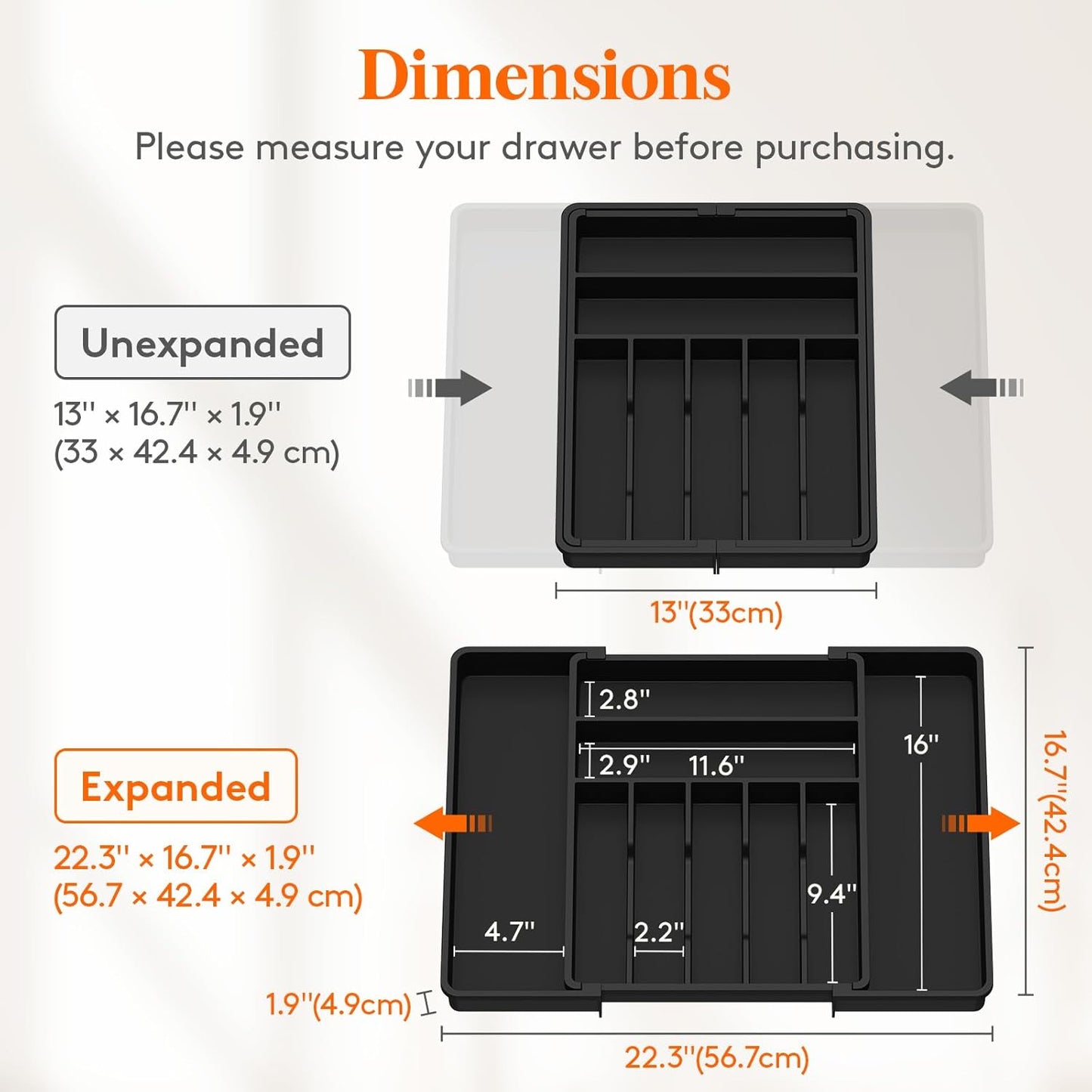 Lifewit Silverware Drawer Organizer, Expandable BPA Free Plastic Utensil Tray for Kitchen, Adjustable Flatware Cutlery Holder for Spoons Forks Knives, 21.3- 36 x 16.9", Gray
