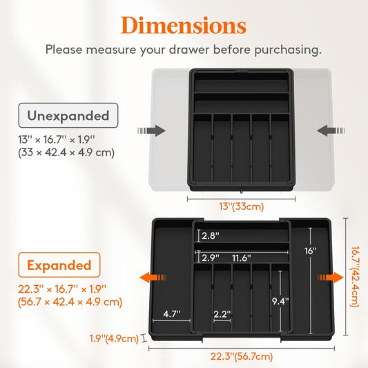 Lifewit Silverware Drawer Organizer, Expandable BPA Free Plastic Utensil Tray for Kitchen, Adjustable Flatware Cutlery Holder for Spoons Forks Knives, 21.3- 36 x 16.9", Black