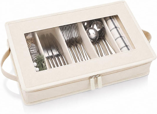 Joyfol Day Flatware Utensil Storage Case, Grey Silverware Storage Box Chest with Adjustable Dividers, Removable Cutlery Storage Holder with Zipper Lid for Organizing Spoon/Flatware/Knives