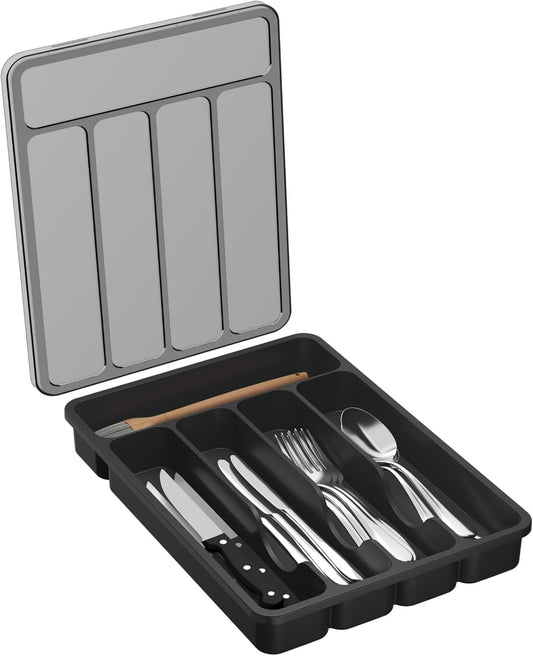 Lifewit Silverware Organizer with Lid, Covered Utensil Tray for Kitchen Drawer and Countertop, Plastic Cutlery and Flatware Storage Box for Spoons Forks Knives Holder Case, 12.6x11.8", Black