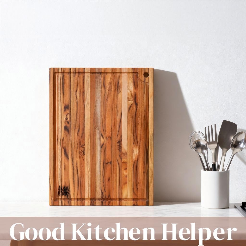 Teak Wood Cutting Board 18" x 14" x 0.6", 2-Piece Set for Kitchen Meat & Food Prep - Large Thin Edge Grain, Deep Juice Groove, Lightweight Solid Hardwood, Non-Toxic, BPA Free by New M Way