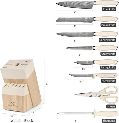 18 Pieces Damascus Kitchen Knife Set, 8 Piece Steak Knives, Non-slip ABS Ergonomic Triple Rivet Handle for Meat Fork, Knife Sharpener and Shears, 17 Slots Fraxinus Manchuria Knife Block (Grey)