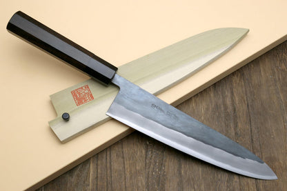 Yoshihiro Kurouchi Black-Forged Blue Steel Stainless Clad Gyuto Chefs Knife and Petty Utility Knife 2pc Set Ebony Handle (Gyuto 210mm & Petty 135mm)
