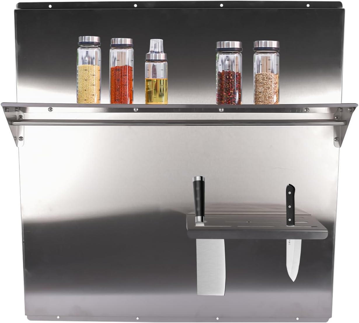 Generic RIVER758 Stainless Steel Silver Range Hood Backsplash with Storage Shelf & Hanging Rack, Wall Mounted, 29.5'' x 29.5''