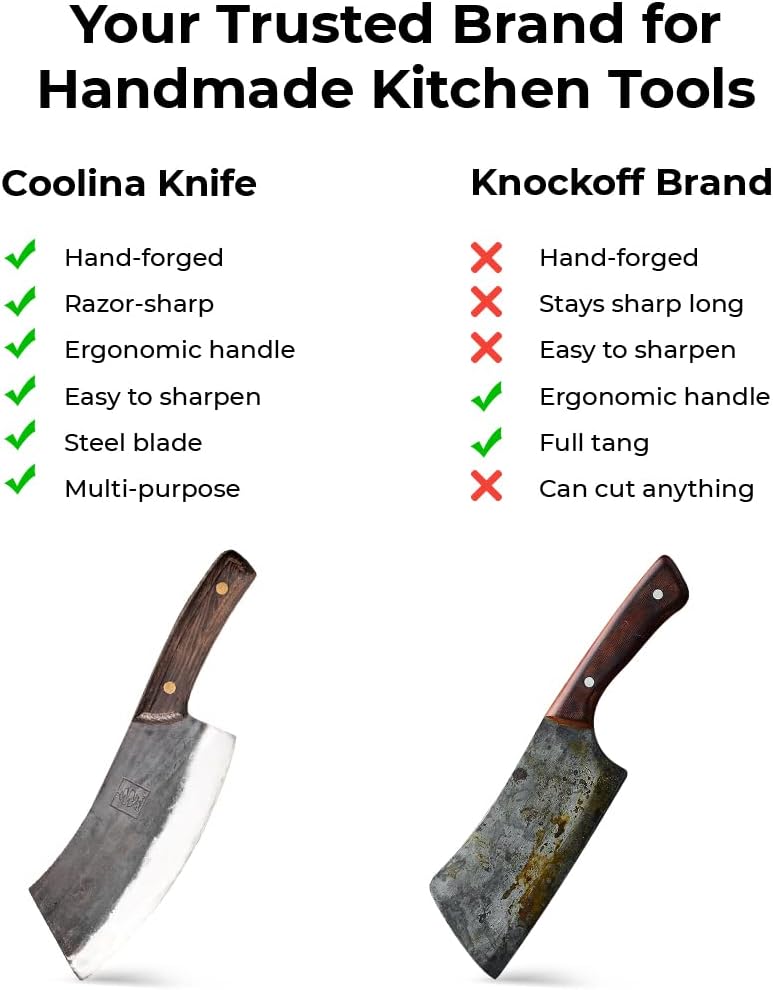 COOLINA Daozi 8" Butcher Knife, Hand-Forged High-Carbon Steel Cleaver for Heavy-Duty Meat Cutting, Slicing, Chopping, Brisket & BBQ, Full-Tang Forged Blade with Ergonomic Wood Handle