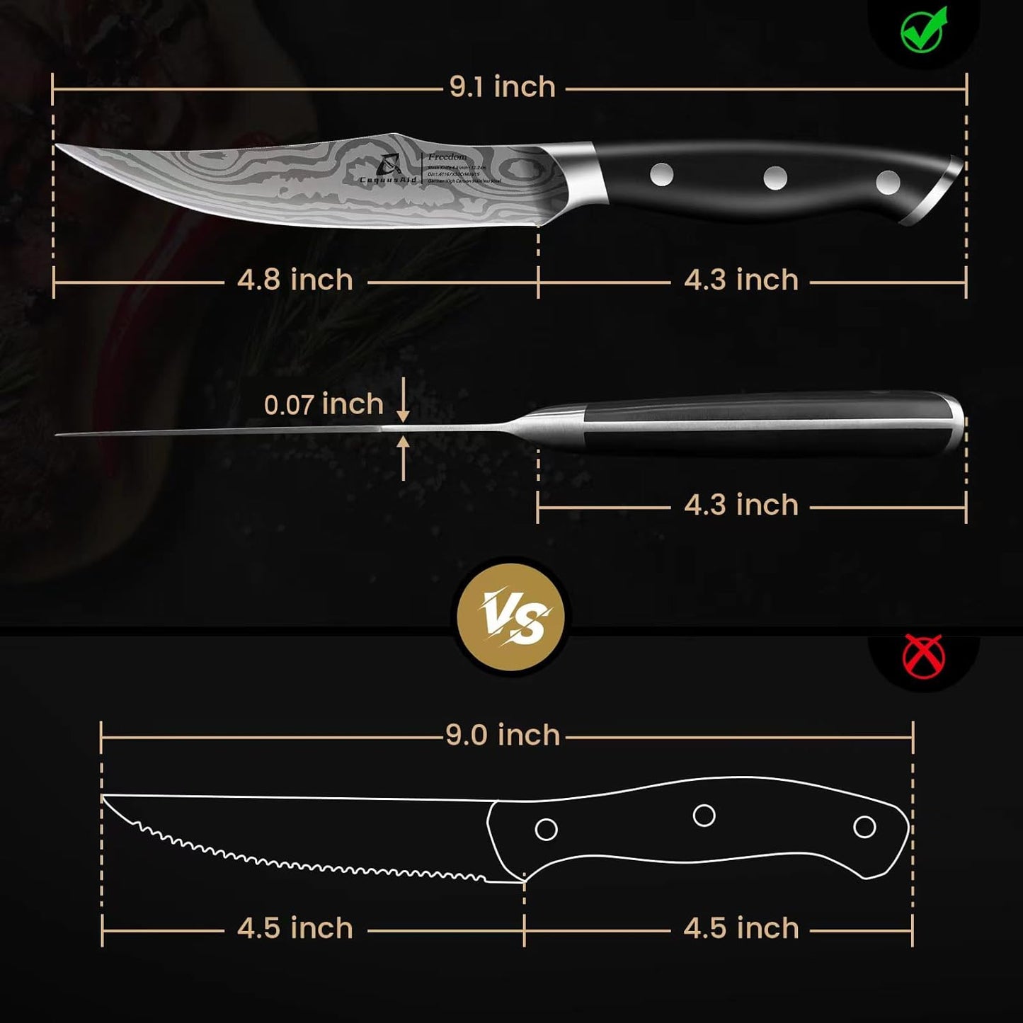 CoquusAid Steak Knives Set of 8, 4.8 Inch Straight Edge Ultra Sharp Durable Meat knives with Rest, High Carbon Stainless Steel Damascus Pattern Triple Rivet Handle, Ideal for Home Restaurant Party