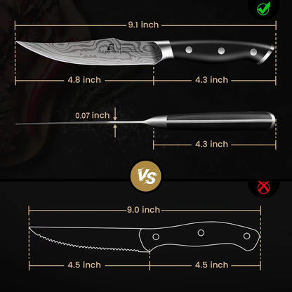 CoquusAid Steak Knives Set of 8, 4.8 Inch Straight Edge Ultra Sharp Durable Meat knives with Rest, High Carbon Stainless Steel Damascus Pattern Triple Rivet Handle, Ideal for Home Restaurant Party