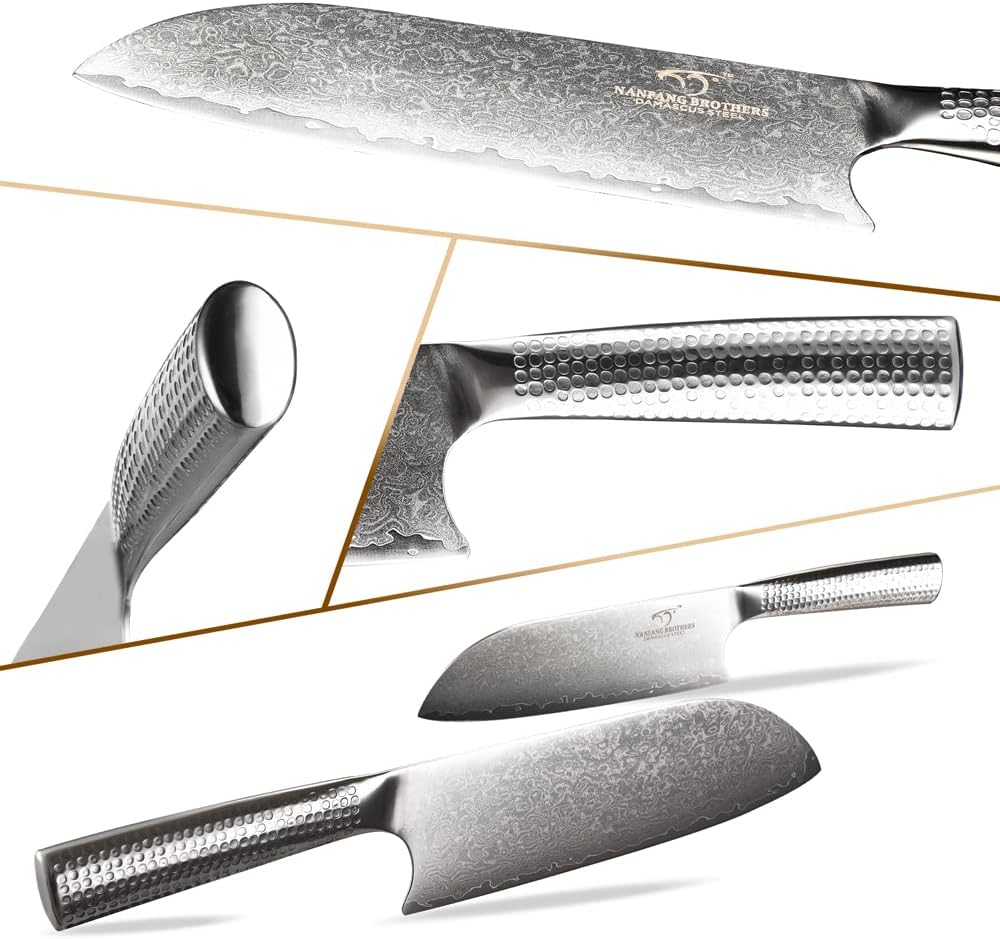 Damascus Knife Set with Block for Kitchen, 7-Piece VG10 Damascus Steel Kitchen Knife Set with Triple-Rivet Handles, Chef, Bread & Santoku Knives, Shears, Natural Wooden Block
