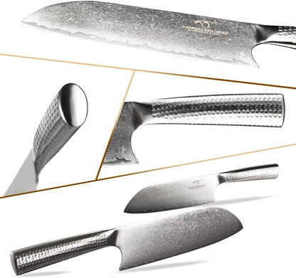 Damascus Knife Set with Block for Kitchen, 7-Piece VG10 Damascus Steel Kitchen Knife Set with Triple-Rivet Handles, Chef, Bread & Santoku Knives, Shears, Natural Wooden Block