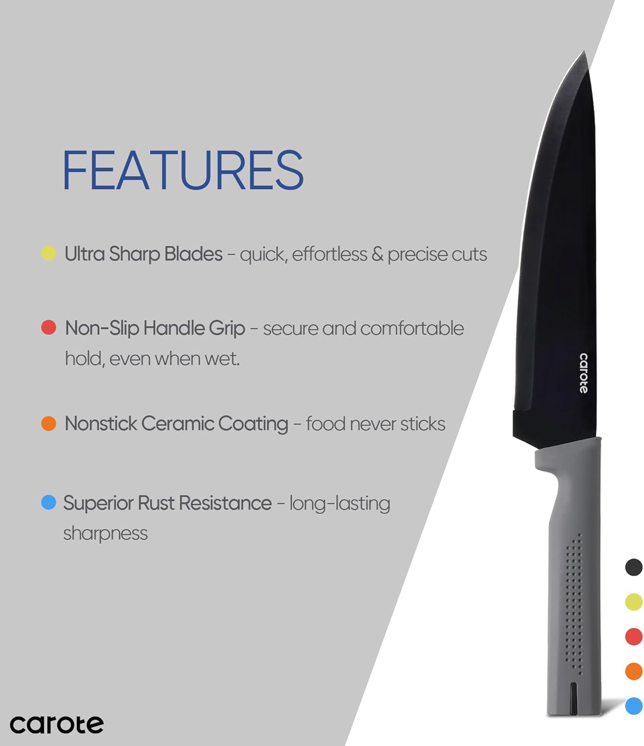 CAROTE 14Pcs Kitchen Knife Set, Stainless Steel knife set with ABS Block, Rustproof Cutlery with Ceramic Surface, 6 Steak Knives