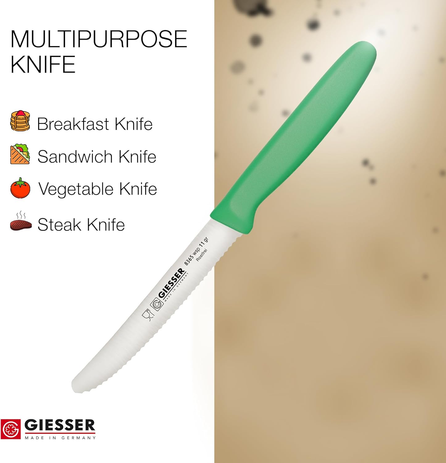 Giesser since 1776, Made in Germany, Serrated kitchen knives round tip dishwasher safe 4.5 inch - Tomato knife, Steak knive set of 6 (MIX Color)