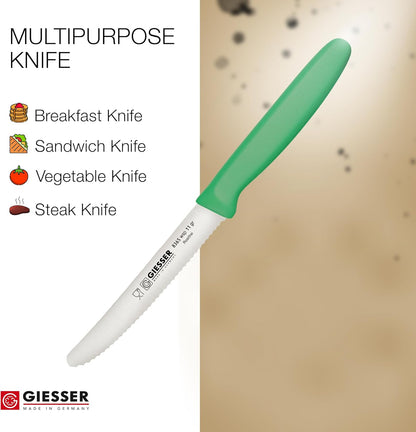 Giesser since 1776, Made in Germany, Serrated kitchen knives round tip dishwasher safe 4.5 inch - Tomato knife, Steak knive set of 6 (MIX Color)