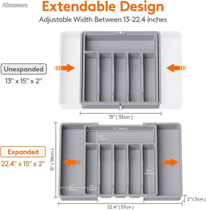 Expandable Drawer Organizer, BPA Free Utensil, Adjustable Flatware & Cutlery Holder/Divider Tray for Spoons Forks, Knives Kitchen Tableware Storage -13-22.4 X 15 X 2 inch(8-Slots/Grey)