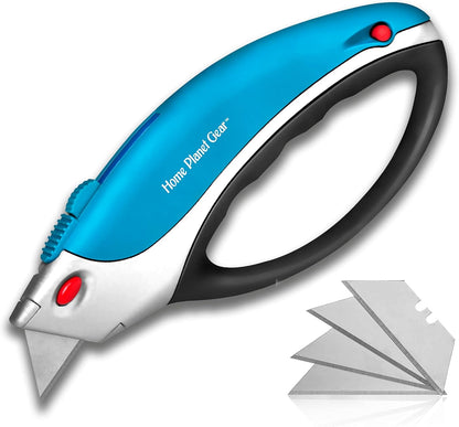 Box Cutter Retractable Utility Knife - Two Pack Heavy Duty Box Cutter Knife Cardboard Cutter - Box Opener Razor Knife - Box Knife Carpet Cutter with 5 Sharp Utility Blades (Blue 2 Pack)