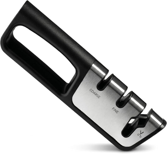 Premium 3-in-1 Knife and Scissors Sharpener, Professional Manual Kitchen Blade Sharpening Tool with Tungsten Ceramic Diamond Abrasives, Ergonomic Handle, Black