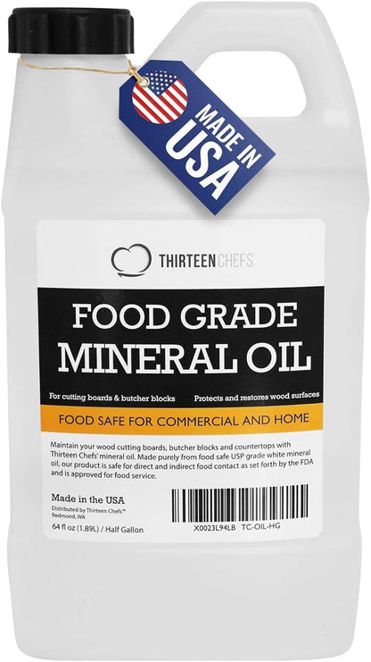 Thirteen Chefs Mineral Oil - 8 oz Food Grade Conditioner for Wood Cutting Board, Countertop & Butcher Block, Lubricant for Knife or Meat Grinder - Safe USP Finish on Marble, Soapstone