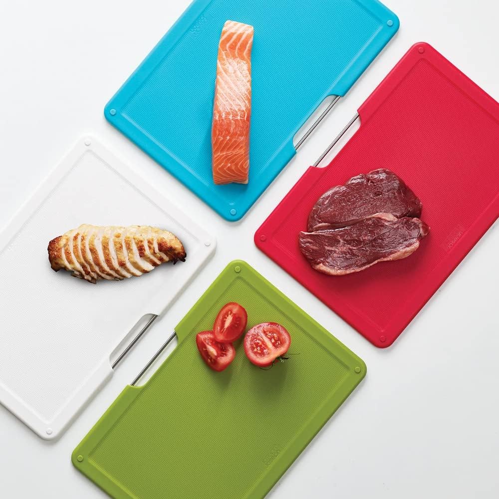 Joseph Joseph Folio Plastic Kitchen Cutting Board Set with Storage Case Color-Coded Easy-Access Design Dishwasher Safe Non-Slip, Large, Silver