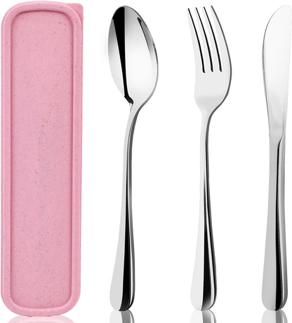 HANSGO Stainless Steel Travel Utensil Set with Case, 4-Piece Portable Knife Fork Spoon Set for Lunch Box, Office, School & Outdoor Use