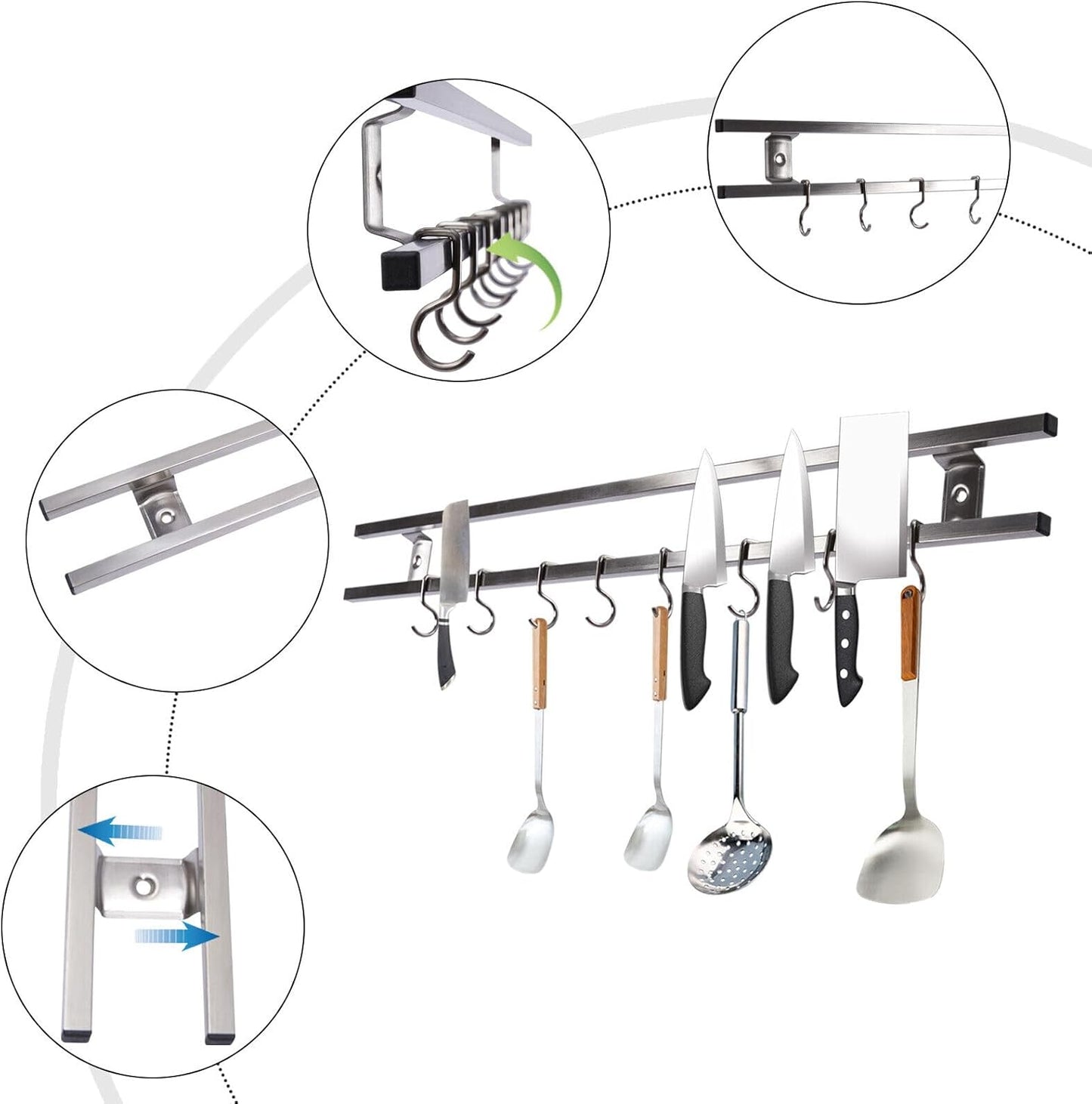 Double-bar Tool Holder, 24Inch Magnetic Knife Holder Magnetic Knife Strip with 8 Hooks Powerful Magnetic