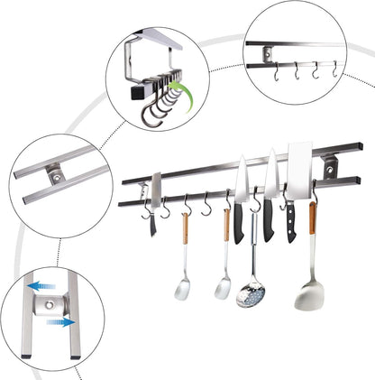 Double-bar Tool Holder, 24Inch Magnetic Knife Holder Magnetic Knife Strip with 8 Hooks Powerful Magnetic
