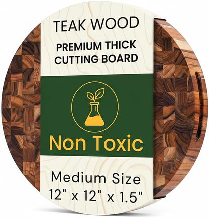 Teak Wood Round End Grain Cutting Board 11.8 Inch, Non Toxic Solid Wood Cutting Board for Kitchen Prep, Pizza & Serving Board with Handle by New M Way