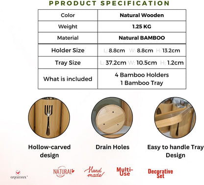 Bamboo Cutlery Holder Set - 3 Kitchen Utensils Holder Organiser with Bamboo Tray | Decorative Kitchen Countertop Stand | Knife, Fork and Spoon Holders