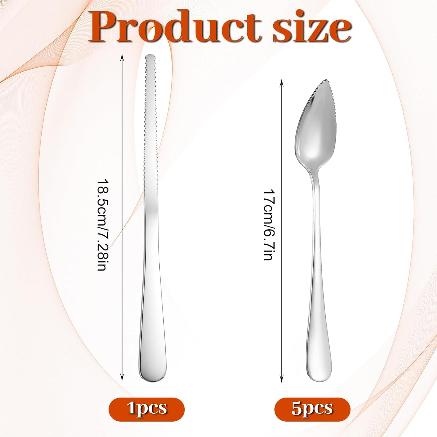 5PCS Grapefruit Spoons & 1 Knife - Stainless Steel Grapefruit Flatware with Serrated Edge, Curved Cutting Silverware Set for Fruit Kiwi Orange, Small Multi-Functional Spoons for Camping Kitchenware
