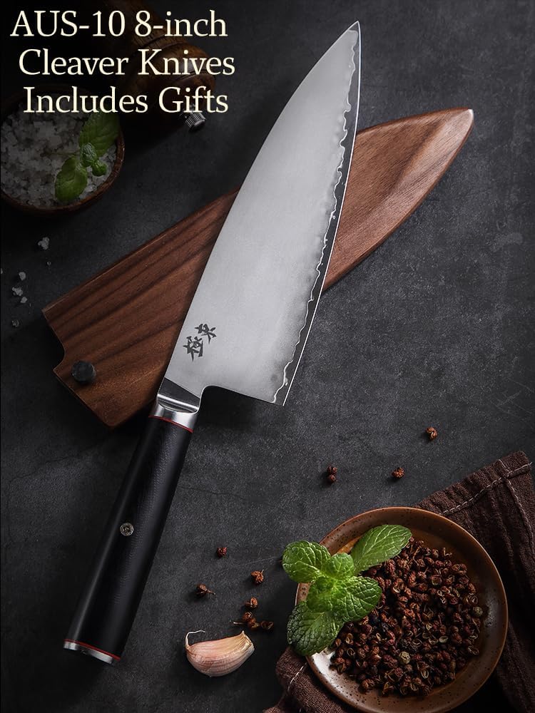Japan Aichi AUS10 Triple Layer Composite Steel 8-inch Chef's Knife,Gyuto，Meat Cleavers，G10 Handle, Forged Kitchen Knife，Black Walnut Knife Sheath Set