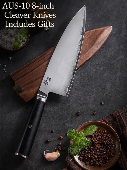 Japan Aichi AUS10 Triple Layer Composite Steel 8-inch Chef's Knife,Gyuto，Meat Cleavers，G10 Handle, Forged Kitchen Knife，Black Walnut Knife Sheath Set