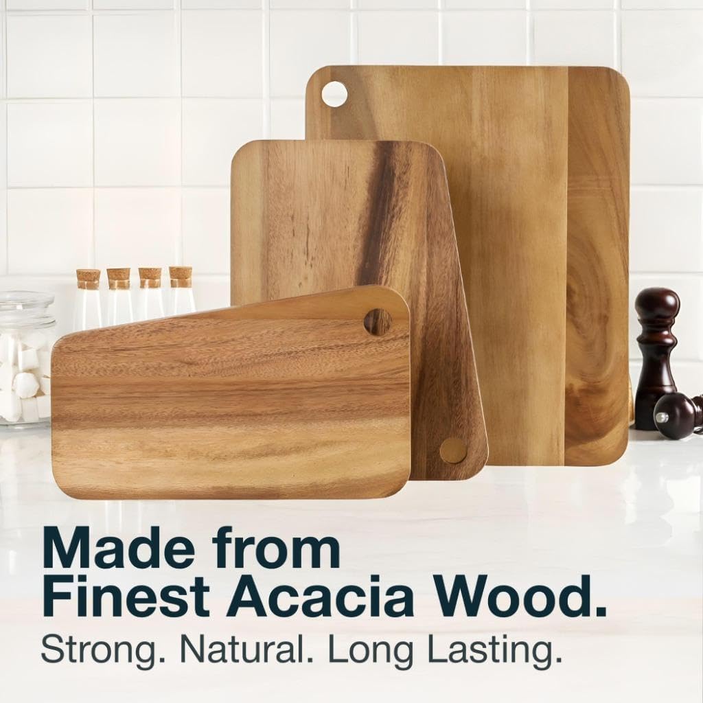 Sango Acacia Cutting Board Set with Juice Grooves and Partitions for Serving, 3-Piece- Wood Chopping Boards, Stackable & Reversible for Kitchen, Non-Toxic, Perfect as Butcher Block Countertop, Atelier