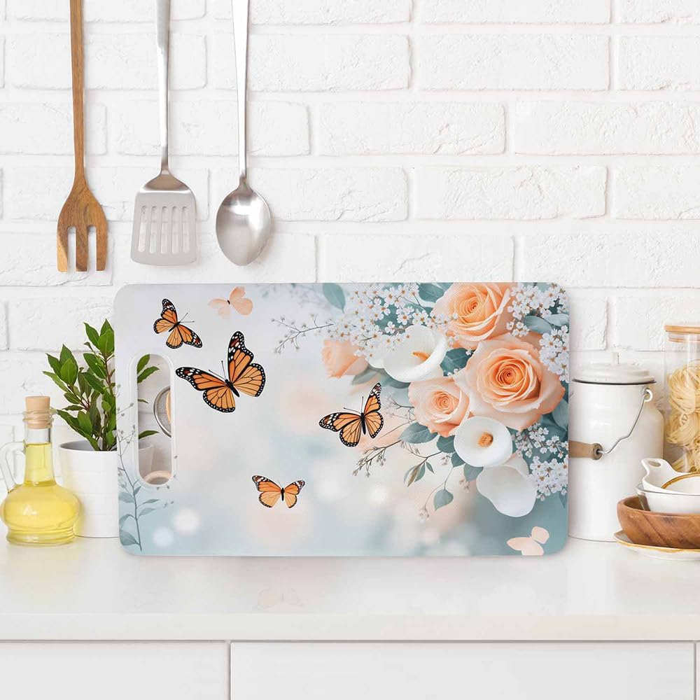 Coffee Set Cutting Board with Handles Coffee Maker Muffin Cup Flower Hot Drink Love Cutting Boards Plastic Safe Chopping Board for Kitchen 16" x 10" x 0.24"