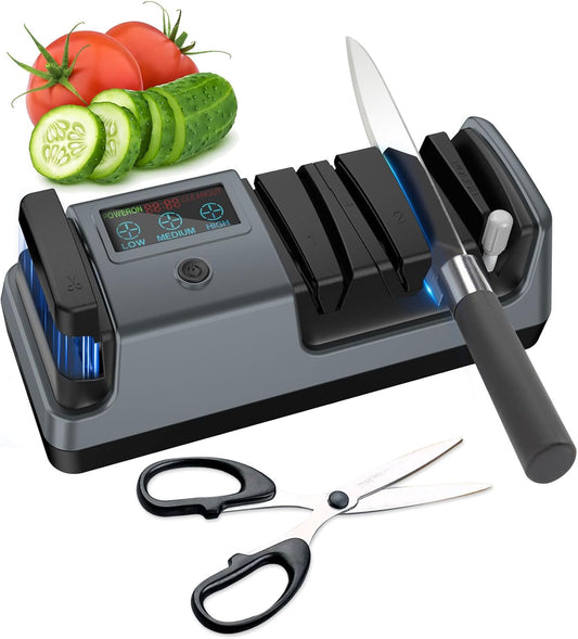 Upgrade 5-in-1 Electric Knife Sharpener, Professional 3-Stage with LCD Screen, 100% Diamond Abrasives, 3 Rotational Speed Adjustable, knife sharpener for Straight, Serrated, Meat Cleaver, Scissors