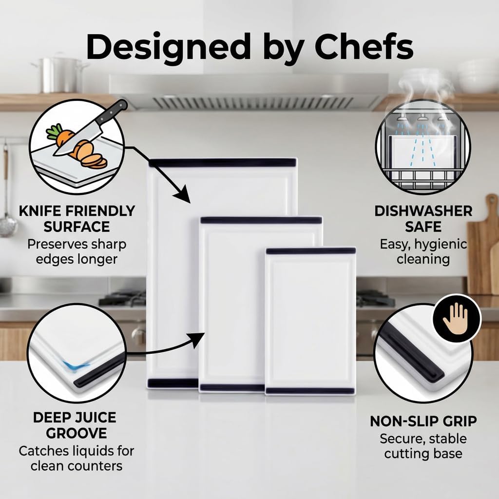 Thirteen Chefs Non Slip Cutting Board 3 Pack Set for Kitchens with Groove - BPA Free and Dishwasher Safe with 16, 12 and 10 Inch Sizes