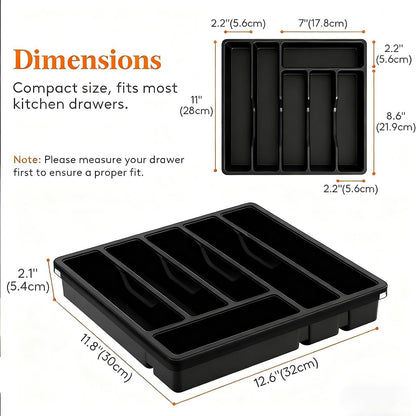 Silverware Organizer with Lid, Covered Utensil Tray for Kitchen Drawer and Countertop, Plastic Cutlery and Flatware Storage Box for Spoons Forks Knives Holder Case, 6 Compartments, Black